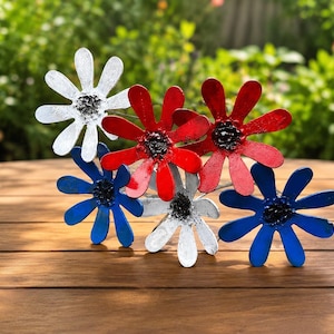 Set of 6 Handmade Metal Daisy Flowers, Rustic Red White Blue Patriotic Decor