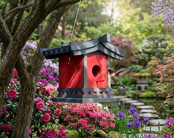 Asian Pagoda Style Cedar Birdhouse – Hanging Garden Decor