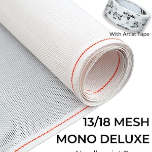 13/18 Mesh Deluxe Mono Needlepoint Canvas - Multi-Size White Blank Roll with Artist Tape