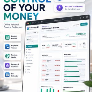 May include: A digital interface for RisePK Finance Pro personal finance software displayed on a screen. The dashboard features a budget planner, expense tracker, savings goals, reports, and a bill calendar. Text includes Take Control Of Your Money.