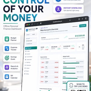 Interactive Personal Finance Dashboard | Budget Planner, Expense Tracker, Net Worth Tracker | Offline Money App | HTML Download
