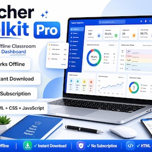 Può includere: Una dashboard interattiva di gestione della classe offline Teacher Toolkit Pro visualizzata su uno schermo di un portatile, con grafici, presenze degli studenti e pianificatori. Include un taccuino blu, una tazza bianca con testo e uno smartphone.