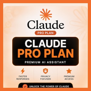 May include: An orange and white graphic promoting "Claude Pro Plan." The image features the name "Claude" in black, with "PRO PLAN" in orange. Below, it states "CLAUDE PRO PLAN" and "PREMIUM AI ASSISTANT." Icons highlight faster responses, privacy focus, and premium access.