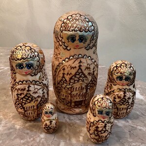 Nesting Russian Matryoshka Dolls With Etched Burnt Wood Architectural Designs  RARE