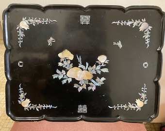 Oriental Black Lacquer Bed Table With Shell Inlay