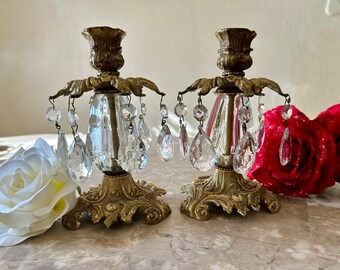 Crystal & Gold Candle Holders Pair