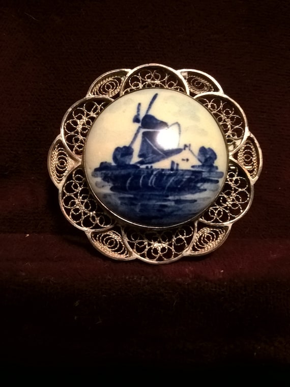 Delft, Hand Painted Porcelain Brooch, Set in Sterl