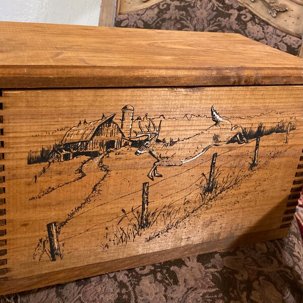 Rustic Wood Box With Barnyard Scene, Hinged Top, Rope Handles