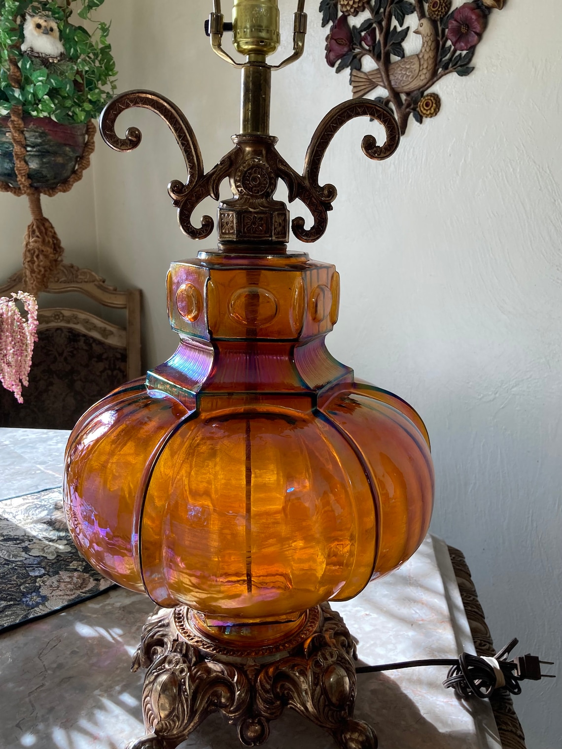 Carnival Glass Table Lamp in Marigold Iridescent Glass 3 Way Etsy