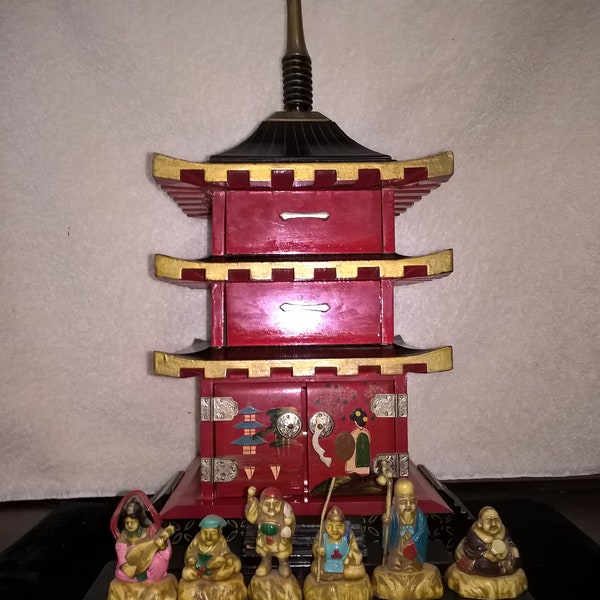 Japanese Pagoda Music Jewelry Box Plus Lucky Seven Gods