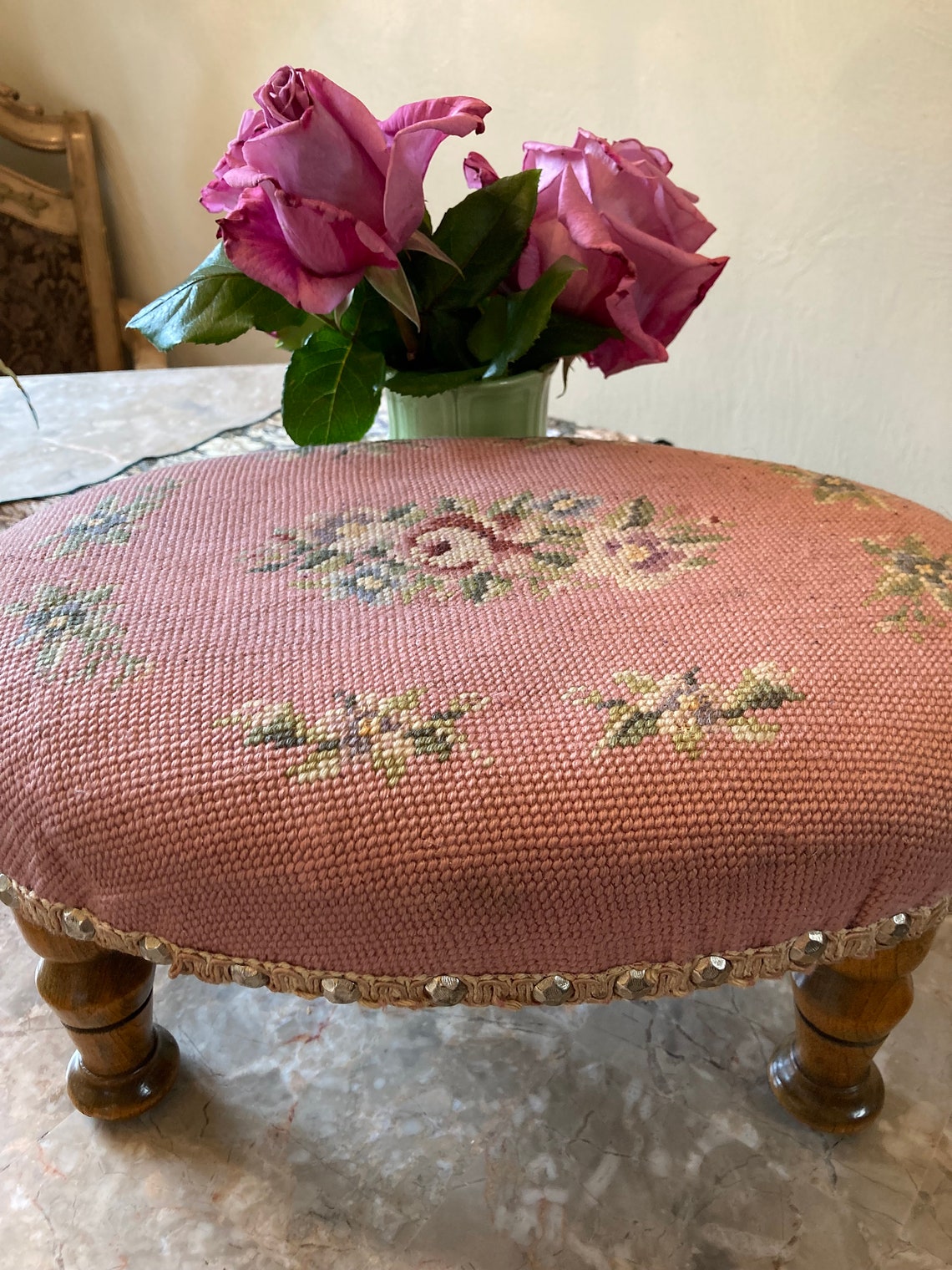 Victorian Needlepoint Covered Foot Stool Etsy