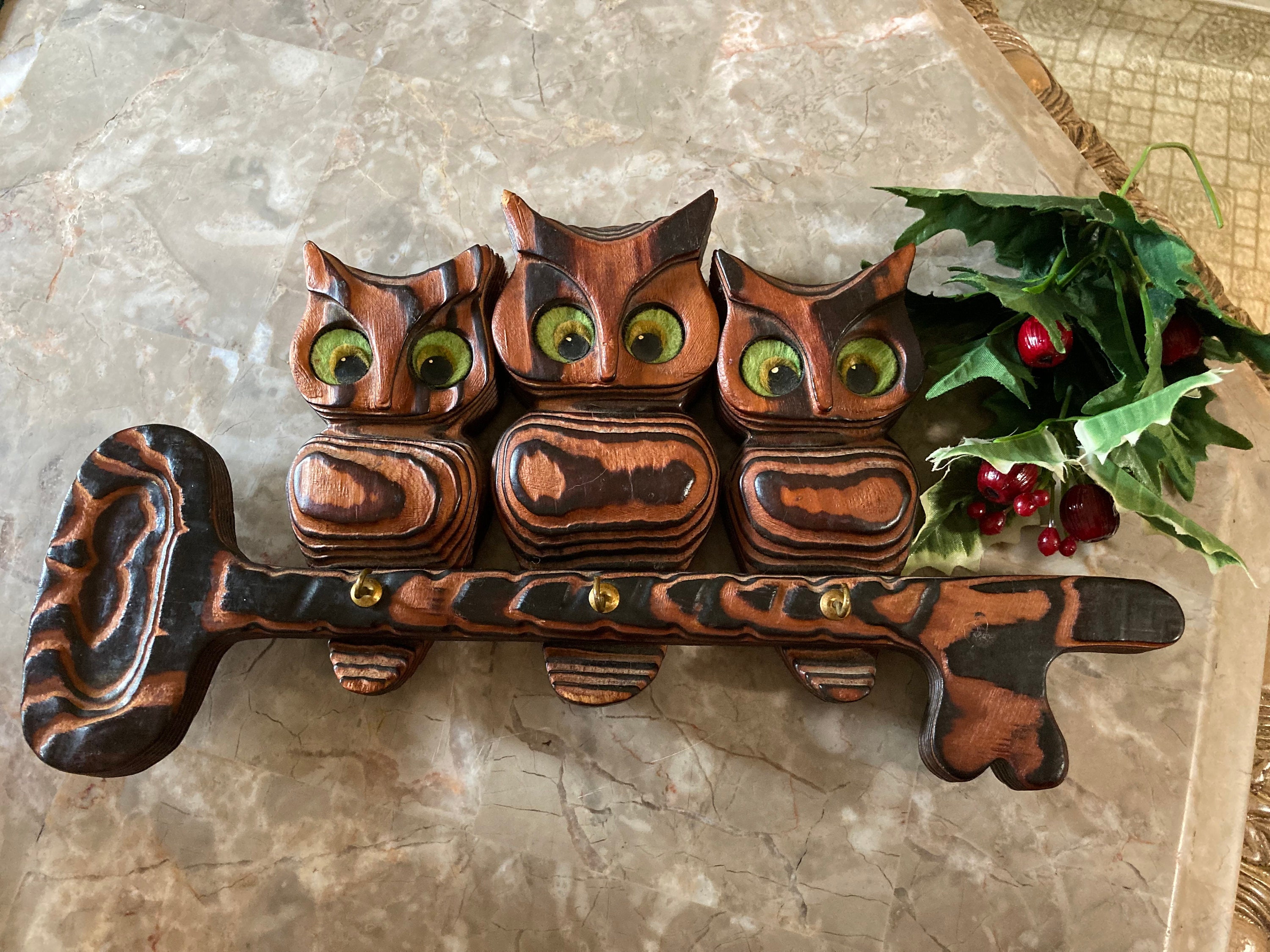 Owl Trio Key Holder Burnt Wood Art