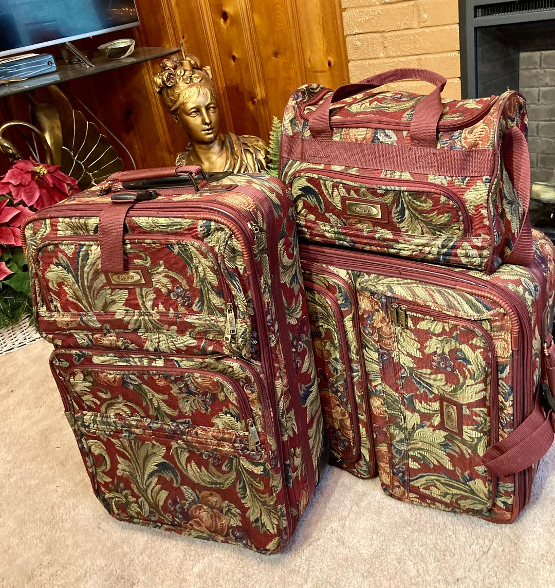 Burgundy Floral Tapestry 3 Piece Luggage Set Etsy