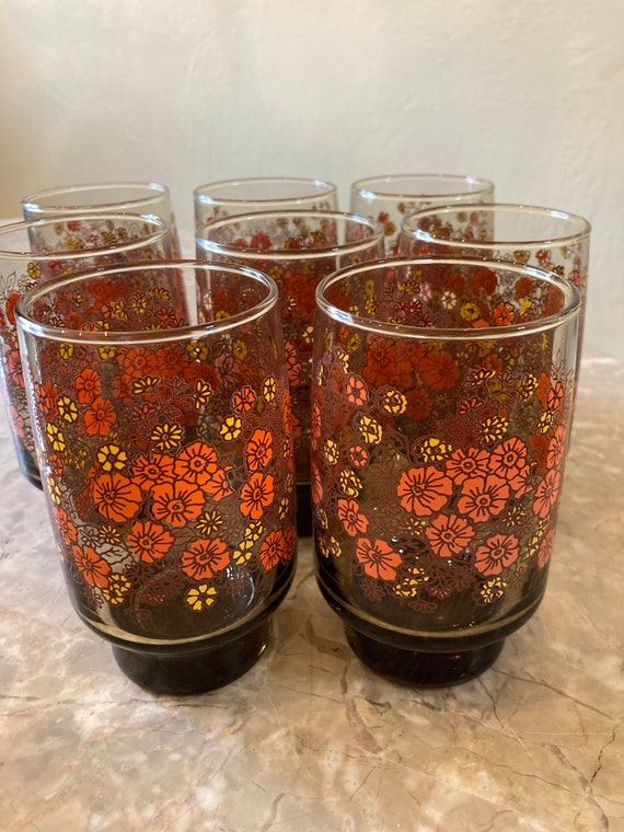 Glass Set by Libby Set of 8 Flowered Orange & Yellow 