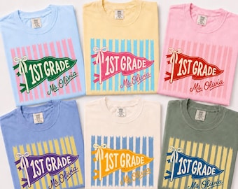 Personalized First Grade Comfort Colors Teacher Team Shirt, Custom 1st Grade Pennant Flag Tee, Back to School Gift, Group Teacher Gift Tee