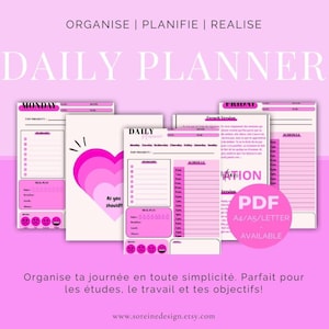 Peut inclure: Un planificateur quotidien rose et blanc avec le texte "DAILY PLANNER" en haut. Le planificateur comprend des sections pour les horaires quotidiens, les priorités et la planification des repas. Le texte "PDF A4/A5/LETTER DISPONIBLE" est également inclus.