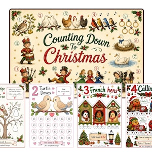 May include: A Counting Down To Christmas chart featuring numbered illustrations of birds, rings, and musicians, accompanied by four individual savings tracker sheets labelled 1 Partridge in a Pear Tree, 2 Turtle Doves, 3 French Hens, and 4 Calling Birds.