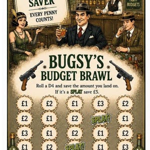 Può includere: Un tracker di risparmio intitolato Bugsy's Budget Brawl con un tema speakeasy anni '20 e illustrazioni di persone in abiti eleganti e flapper. La griglia contiene icone circolari con importi in valuta e la parola SPLAT.
