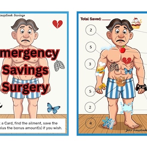 May include: Two illustrated savings challenge cards titled Emergency Savings Surgery featuring a cartoon person in blue striped shorts. The cards include various icons like a heart, apple, wrench, butterfly, and numbered circles for tracking savings progress.