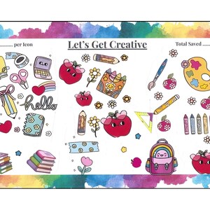 Puede incluir: Una hoja de pegatinas titulada Let's Get Creative con ilustraciones coloridas de material escolar, incluyendo cuadernos, lápices, ceras, una mochila, una paleta de pintura y manzanas con caras, enmarcada por un borde de acuarela arriba y abajo.