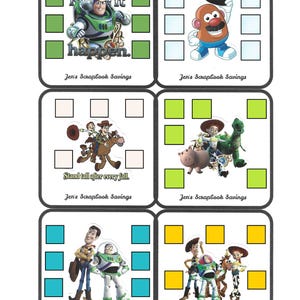 May include: Six square cards featuring Toy Story characters including Buzz Lightyear, Mr. Potato Head, Woody, Bullseye, Rex, and Hamm. Each card has colored square borders and the text Jen's Scrapbook Savings, with phrases Make it happen and Stand tall after every fall.