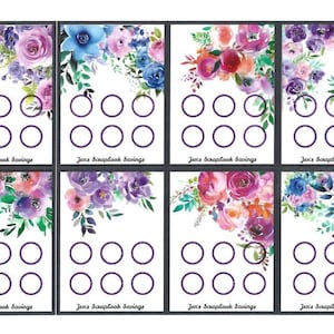 May include: Eight rectangular cards featuring watercolor floral arrangements in shades of purple, blue, and pink. Each card contains six purple outlined circles and the text Jen's Scrapbook Savings printed in black at the bottom of each card.