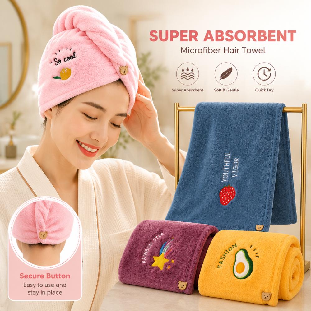 Embroidered Coral Fleece Hair Drying Cap, Quick Dry Absorbent Towel