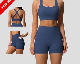 Frauen Yoga Set: High Stretch Pocket Leggings, Crossover Sport BH Gym Outfit