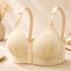 May include: A beige brassiere featuring a ribbed texture, wide adjustable shoulder straps, and a front closure with four circular buttons. The cups have a pleated design at the base, and the garment is constructed with a wide, supportive underband.