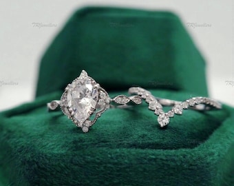 2CT Vintage Moissanite Engagement Ring Set 925 Sterling Silver pear Cut Moissanite Bridal Ring Set Art Deco Flower Milgrain Wedding Ring Set