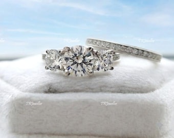 925 Sterling Silver 2:50 Carat Round Diamond Engagement Ring. Three Stone Engagement Ring