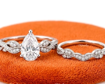 Set di anelli di fidanzamento e da sposa con moissanite a taglio a pera da 2,50 carati. Fedi nuziali in argento sterling 925 per donna. Set di anelli di promessa vintage a forma di pera.