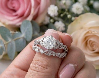 925 Sterling Silver Art Deco Lab Grown Engagement Ring. Round Diamond & Accent Stone Vintage Engagement Ring