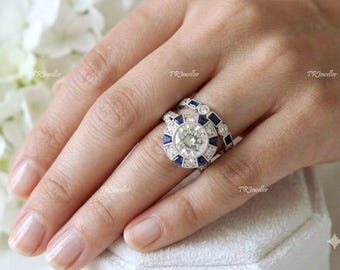 925 Sterling Silver Natural Blue Topaz Ring, Bezel Set Round Diamond, Engagement Ring, Blue Art Deco Halo Bridal Set,