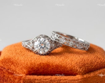 Art Deco Wedding Band 2.50 Ct Round Cut Bridal Engagement Ring Set.925 Sterling Silver Vintage Moissanite Wedding Ring Set. Antique Ring.