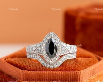 Vintage Black Onyx 1.50 Ct Marquise Cut Engagement Ring.925 Sterling Silver Wedding Bridal Set For Women. Anniversary Ring.