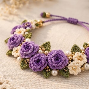 Mönster för virkat rosarmband, handledning för virkade smycken med blommor, rosarmband i PDF-format, mönster för mikrovirkat blommönster, armband med justerbar tråd