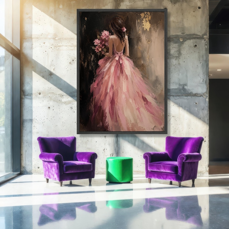 Elegant Woman Pink Dress Canvas, Floral Bouquet Wall Art, Romantic ...