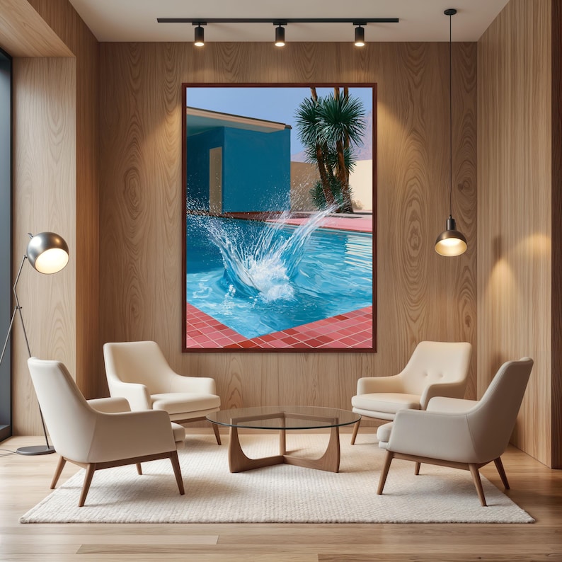 David Hockney Pool Splash Canvas Print Wall Art, Blue Palm Springs Modernist Poster, Mid Century Desert Home Decor Brown Frame