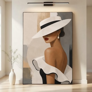 May include: An elegant art print of a woman in a white hat with a black band, red lipstick, and a pearl earring. The woman is wearing a black dress with a white ruffled collar. The background features neutral colors.