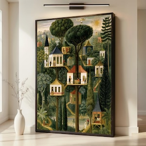 May include: A framed wall art print depicting a lush, green forest landscape filled with multi-level treehouses connected by staircases. The scene features various small figures, tall coniferous trees, a bright sun, and a river flowing below.