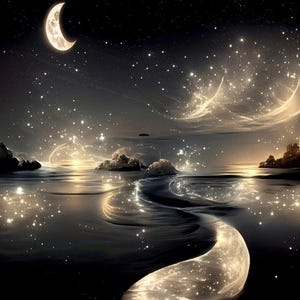 Moonlit Ocean Fantasy Oversized Wall Art, Celestial Seascape Canvas Wall Art for Living Room Contemporary Decor
