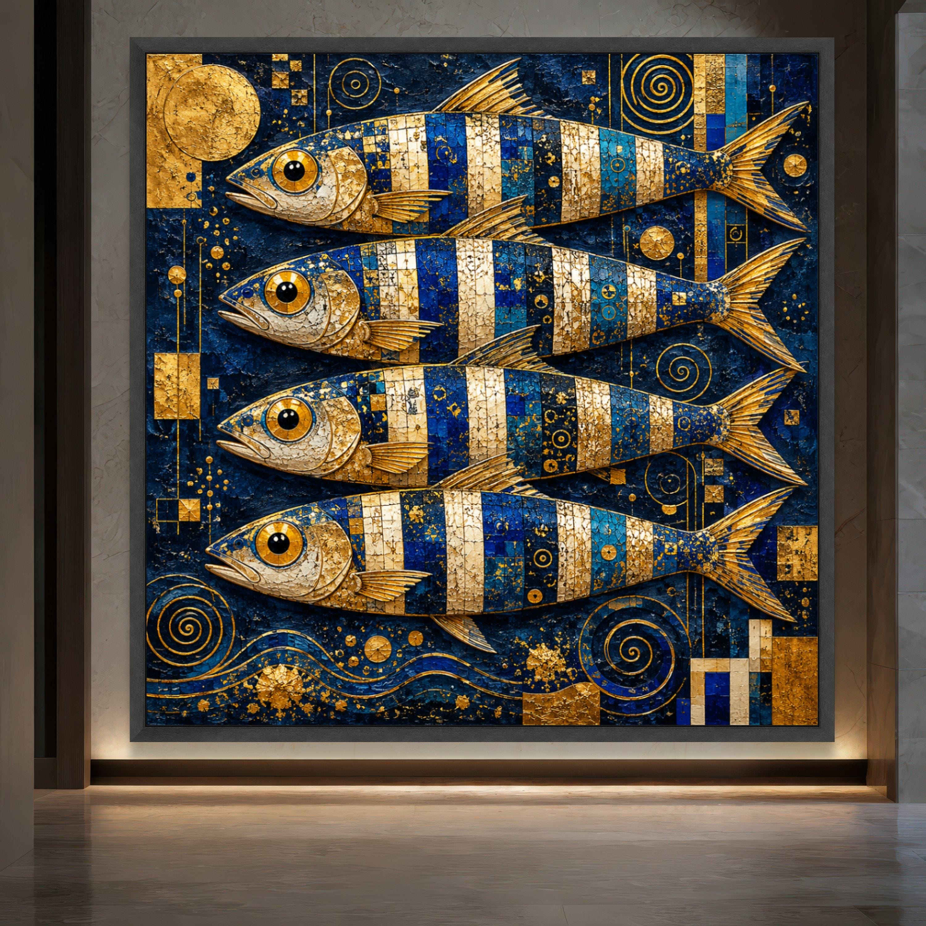 Gustav Klimt Original Fish Art Canvas, Blue Gold Abstract Fish
