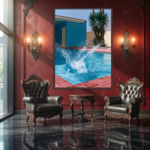 David Hockney Pool Splash Canvas Print Wall Art, Blue Palm Springs Modernist Poster, Mid Century Desert Home Decor Black Frame