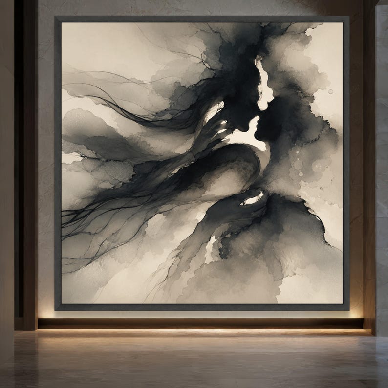 Romantic Couple Silhouette Canvas, Abstract Love Art, Intimate Embrace Wall Decor, Black and White Canvas Print, canvas painting,gift, image 6