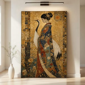 May include: A rectangular wall art print featuring a person in a blue and red patterned kimono standing beside a large white crane. The background is a textured gold leaf design with intricate floral motifs and geometric border patterns.