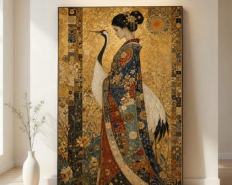 Gustav Klimt Canvas Wall Art, Ornate Woman with Crane, Gold Leaf Style Painting, Decorative Floral Bird Canvas, canvas painting,gift,