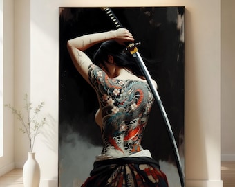 May include: A large framed artwork depicts a person with a full back tattoo of a dragon and koi fish. The person is holding a katana sword. The artwork is in a room with a white vase and a light fixture.