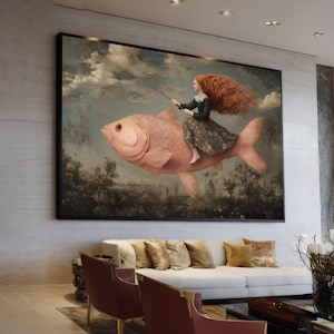 Girl Riding Fish Surreal Canvas Print Wall Art, Whimsical Fantasy Portrait Decor, Dreamy Living Room Contemporary Art