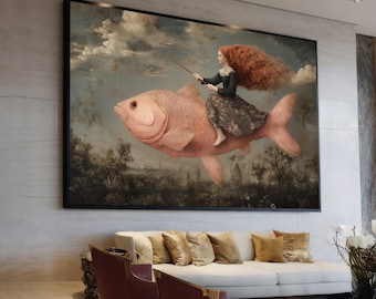 Girl Riding Fish Surreal Canvas Print Wall Art, Whimsical Fantasy Portrait Decor, Dreamy Living Room Contemporary Art